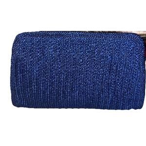 70s Navy Blue Woven Raffia Envelope Clutch Purse Handbag NEW 7.5x11.5 Flat